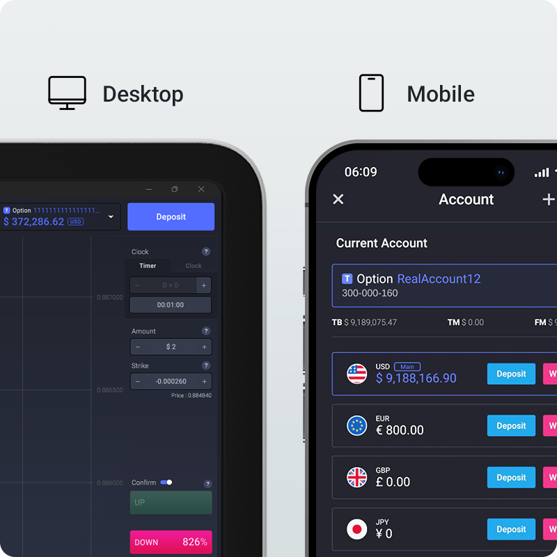 BABAOPTION desktop and mobile account panels with currency balances and deposit controls