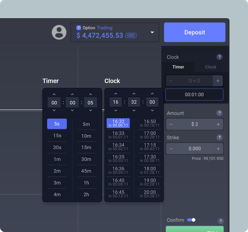 BABAOPTION Timer and Clock expiry selectors next to the order panel