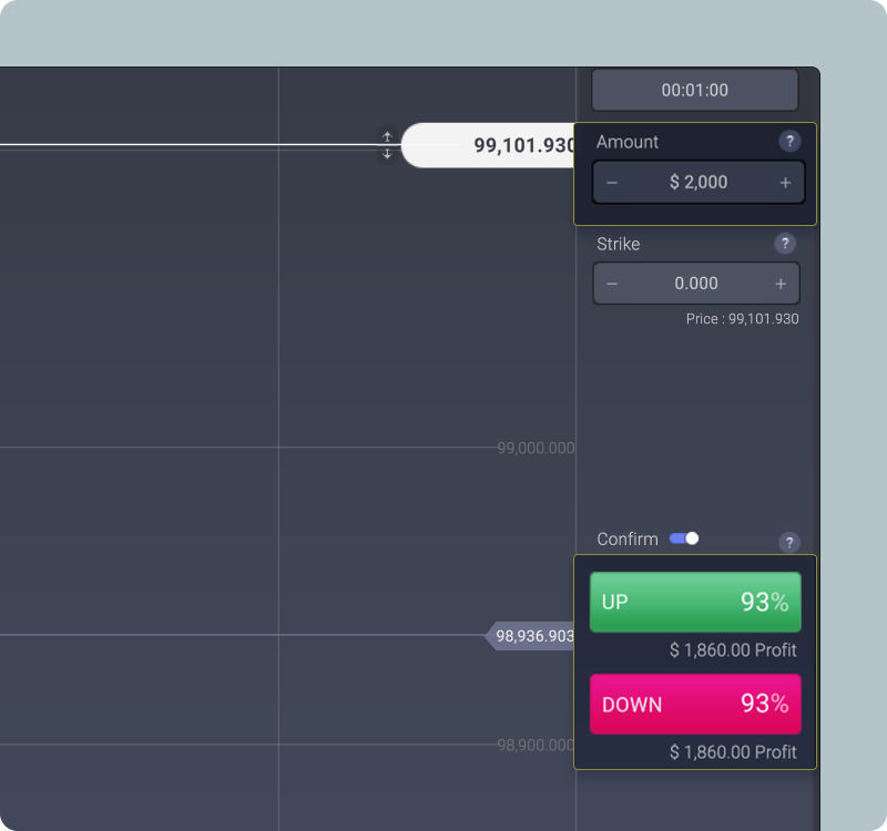 BABAOPTION order panel showing amount, confirmation control, payout rates and profit amounts
