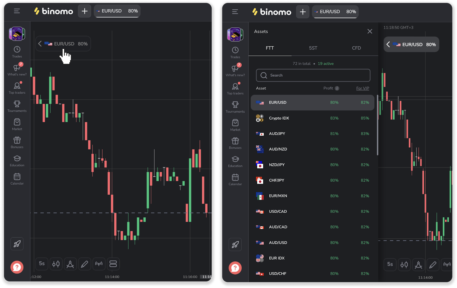 Binomo asset selection list inside the platform