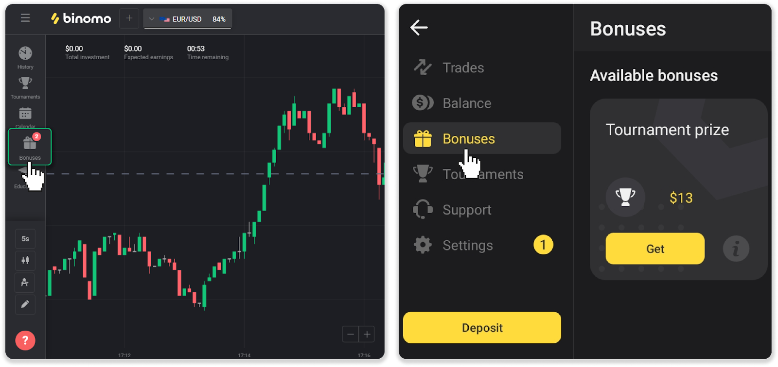 Binomo bonus status and turnover screen