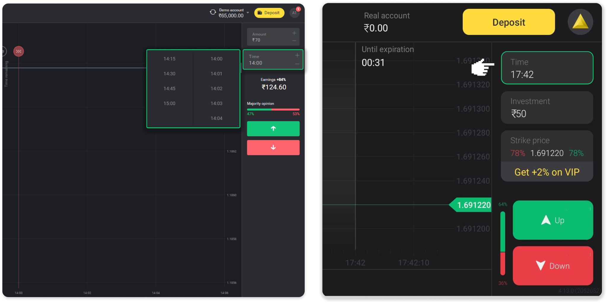Binomo chart with expiration time menu