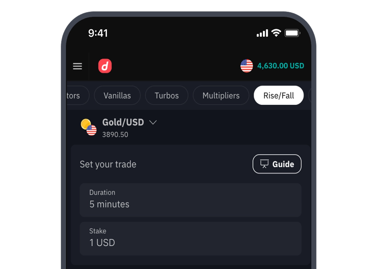 Deriv Digital Options mobile Rise Fall screen with five minute duration