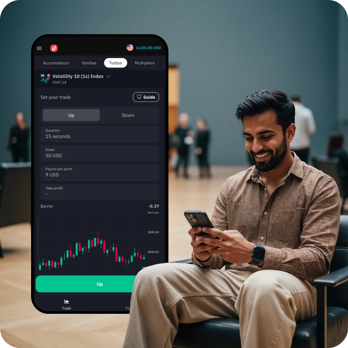 Deriv options order ticket with duration, stake and barrier fields
