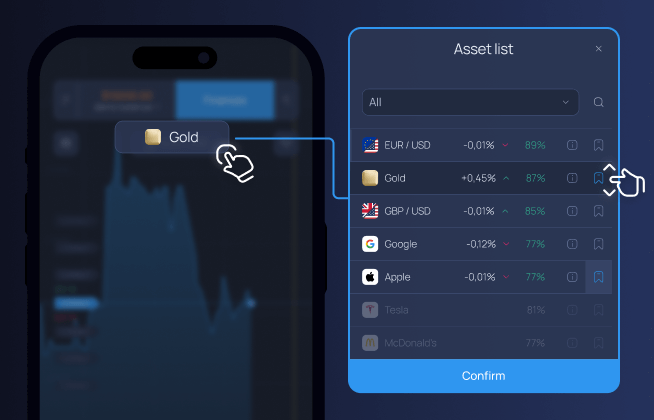 ExpertOption asset list with instruments and displayed return rates