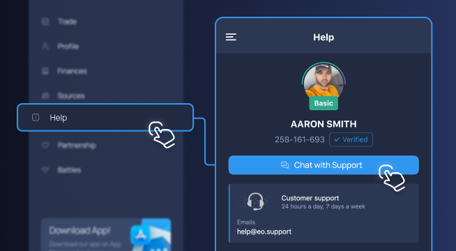 ExpertOption Help menu and Chat with Support panel
