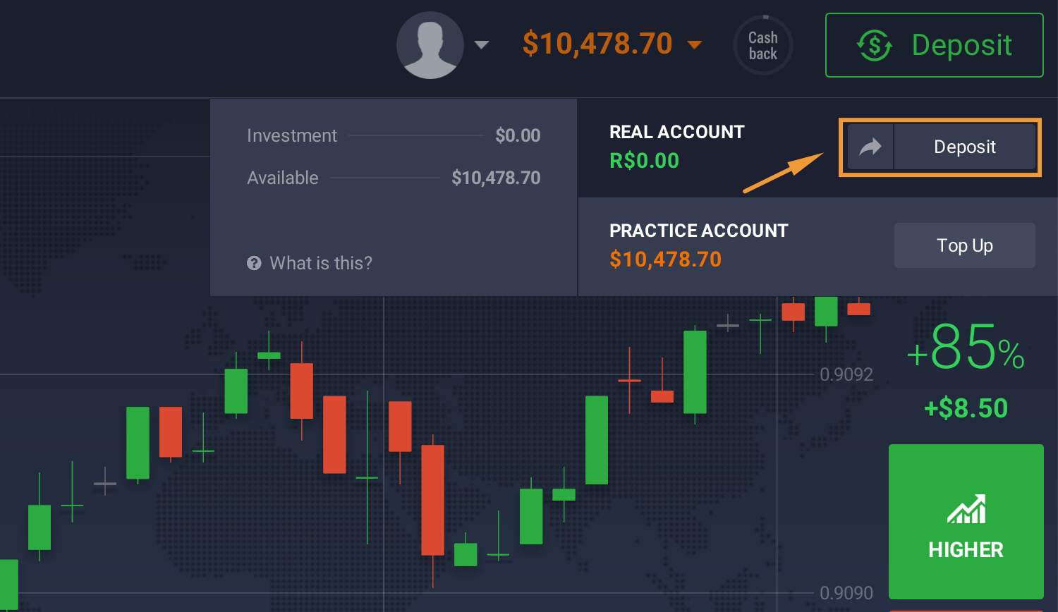 IQ Option real and practice account panel with deposit entry