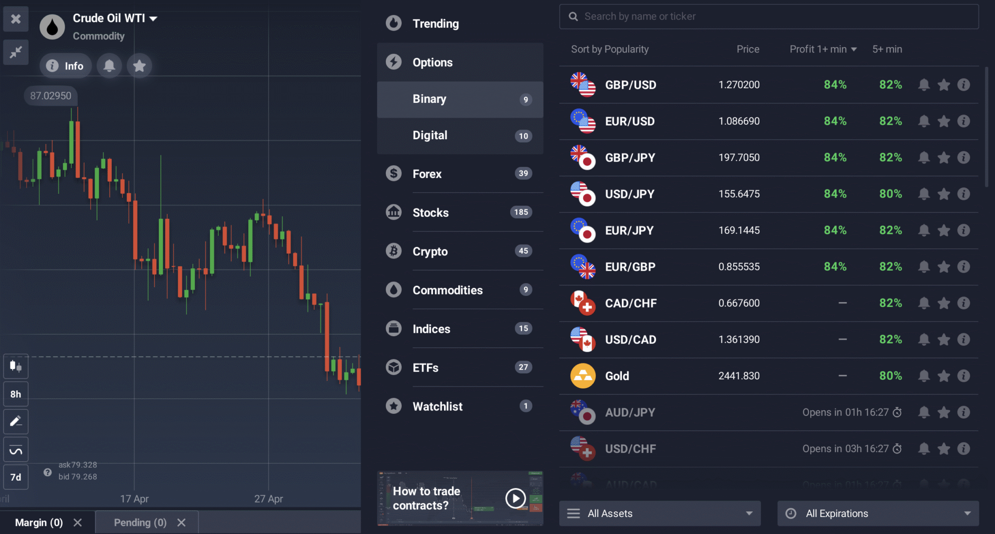 IQ Option instrument selector separating Binary and Digital products