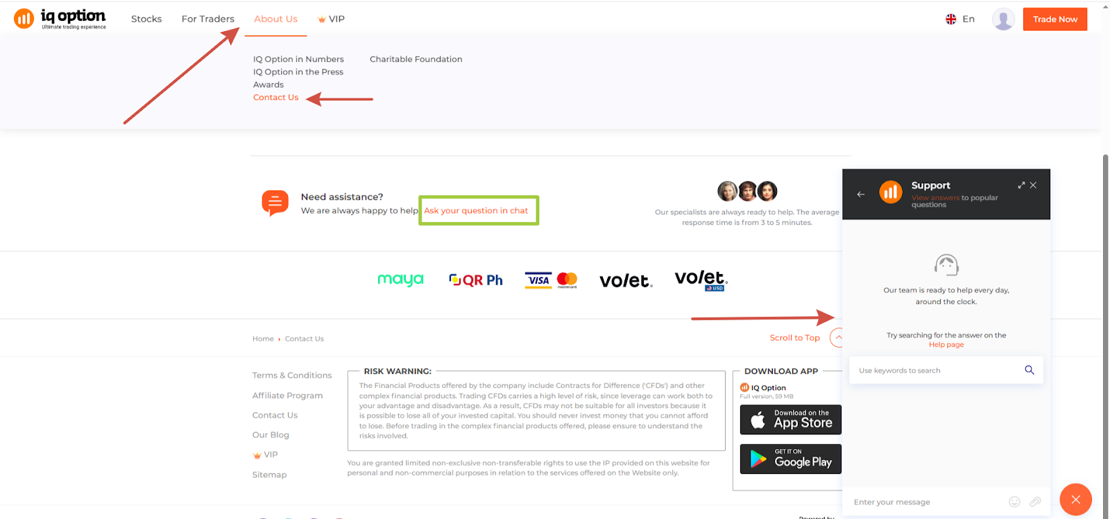 IQ Option contact path and chat support panel