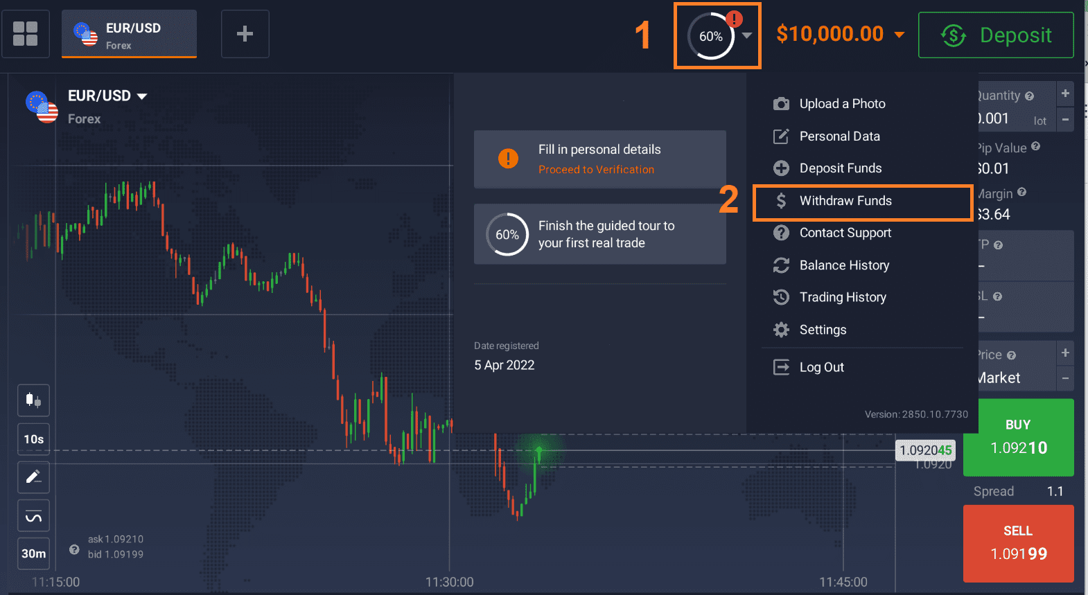 IQ Option account menu with Withdraw Funds action