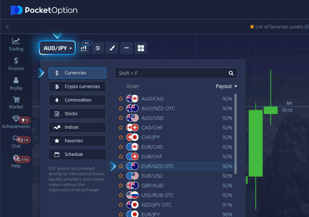 Pocket Option asset selector with trading instruments and OTC labels