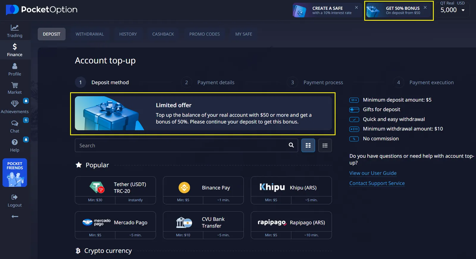Pocket Option deposit screen with payment methods and minimum deposit information