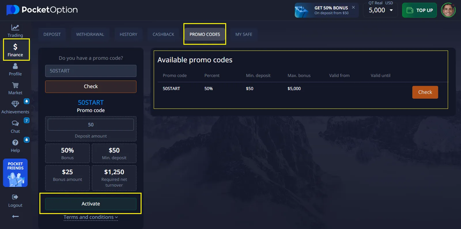 Pocket Option promo code screen with percentage and turnover fields