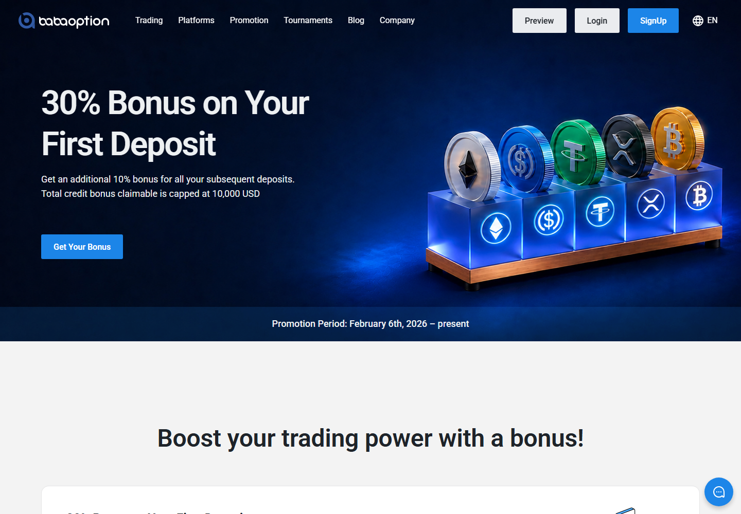 BABAOPTION promotion page screenshot for Deposit bonus: first and repeat deposits