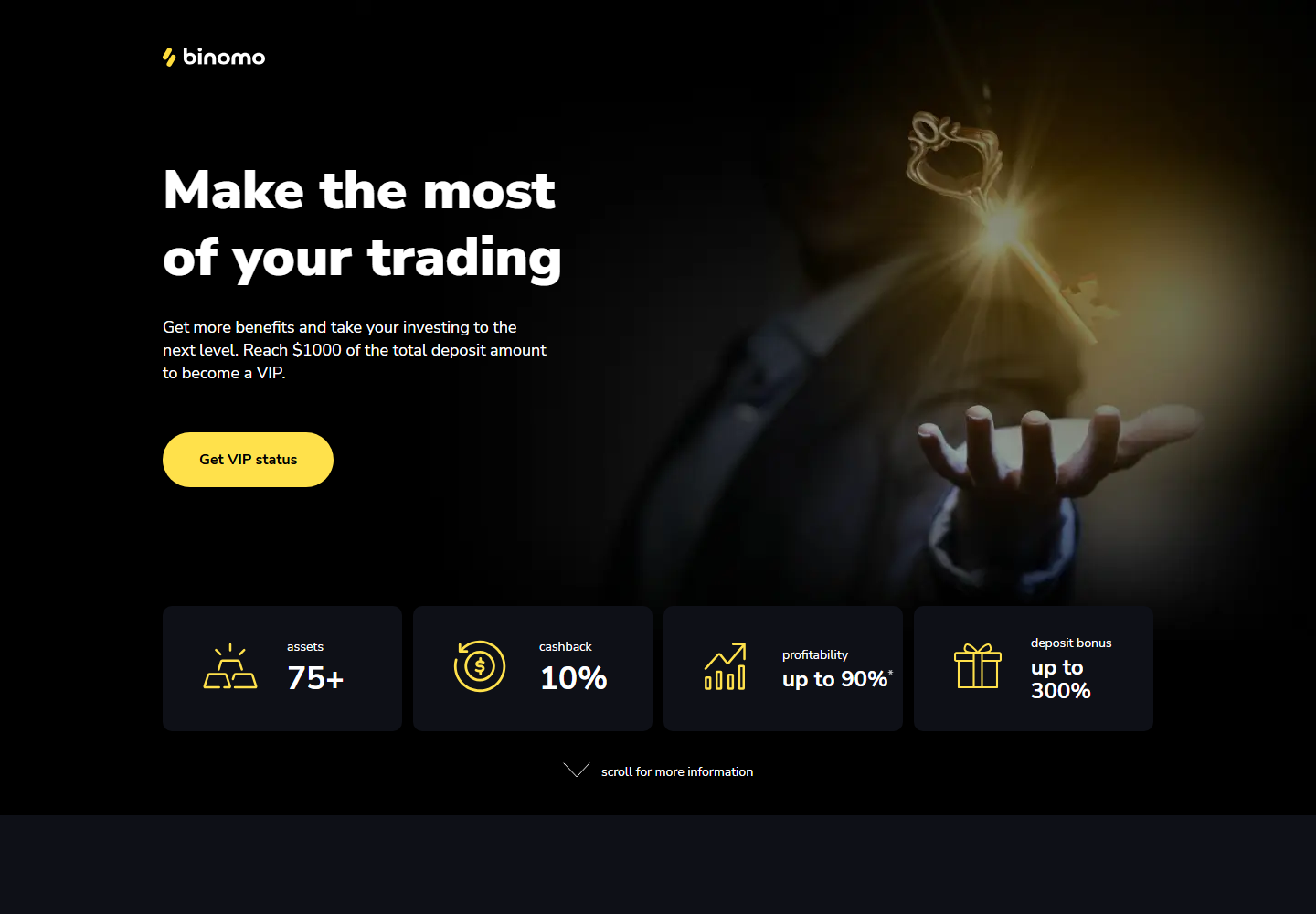 Binomo promotion page screenshot for VIP bonus and cashback benefits