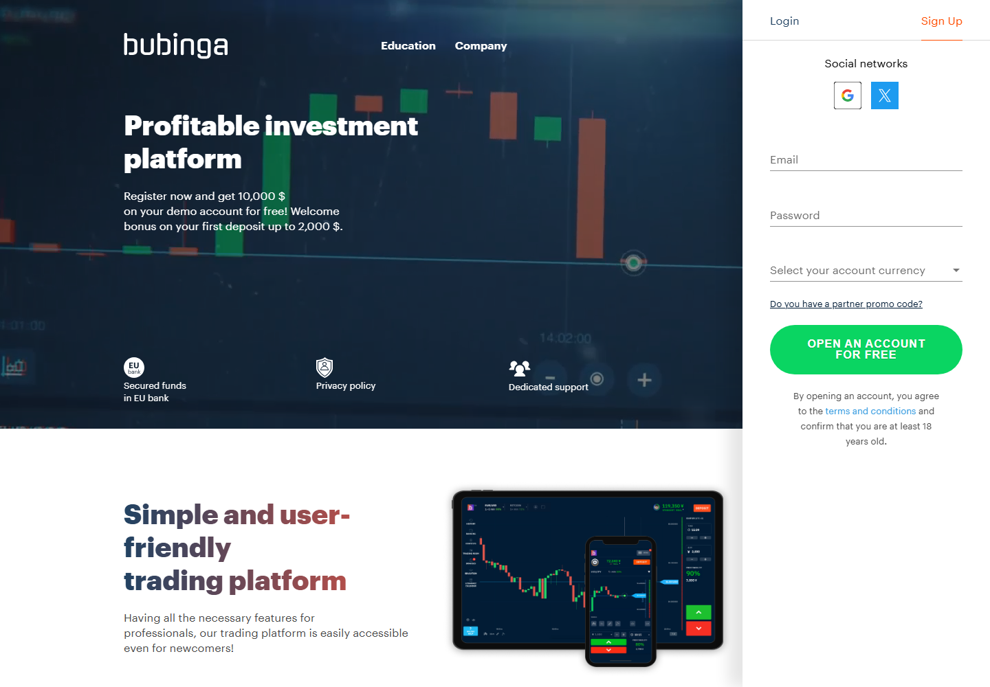 Bubinga promotion page screenshot for First-deposit bonus