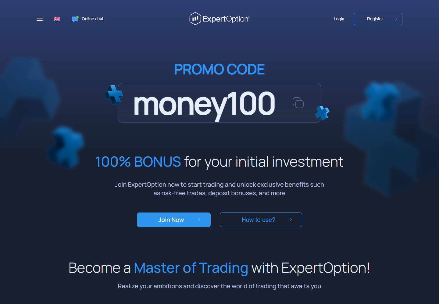 ExpertOption promotion page screenshot for money100 initial investment promo code