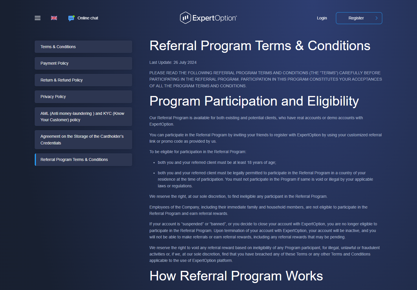 ExpertOption promotion page screenshot for Referral program