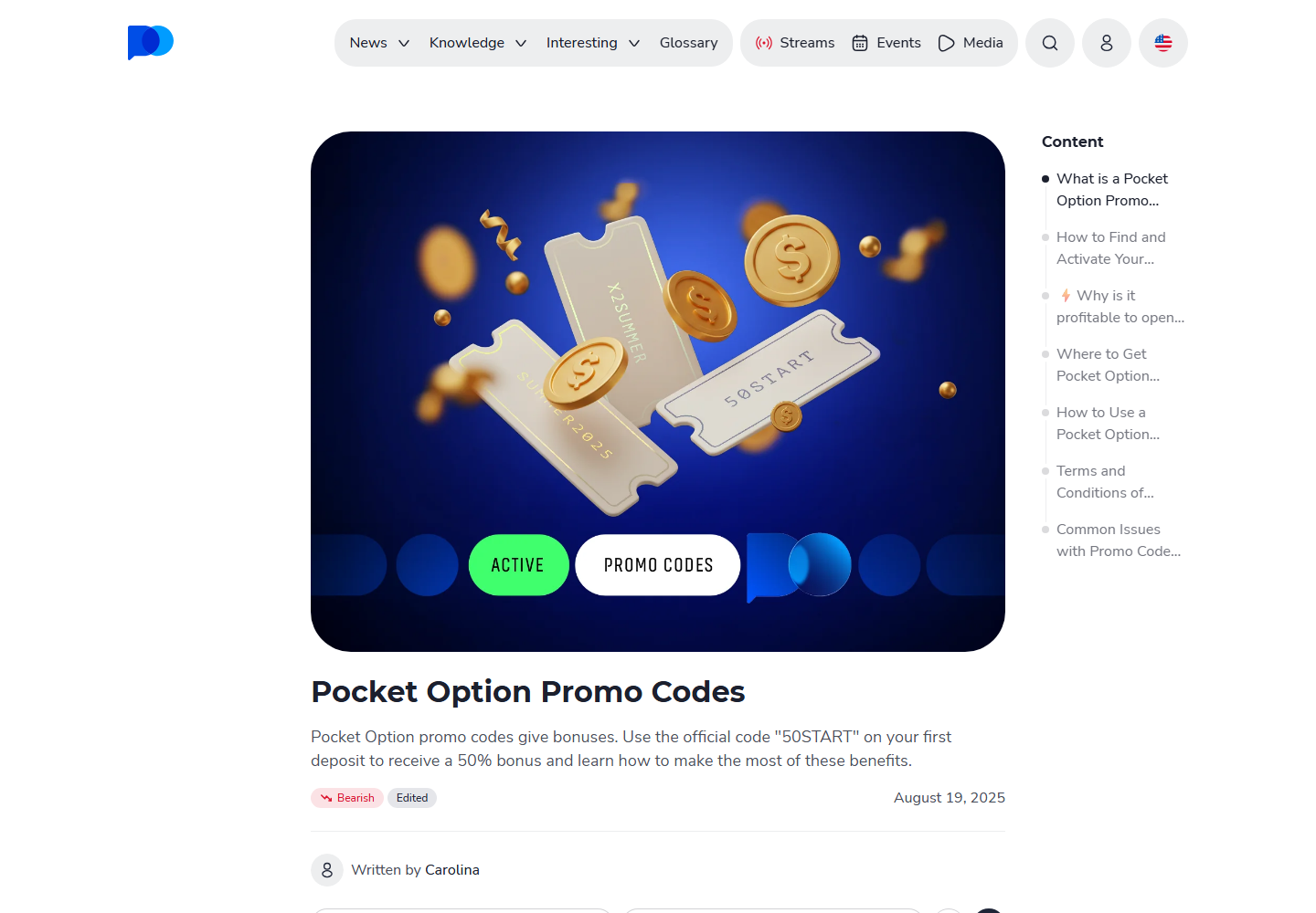 Pocket Option promotion page screenshot for 50START first-deposit promo code